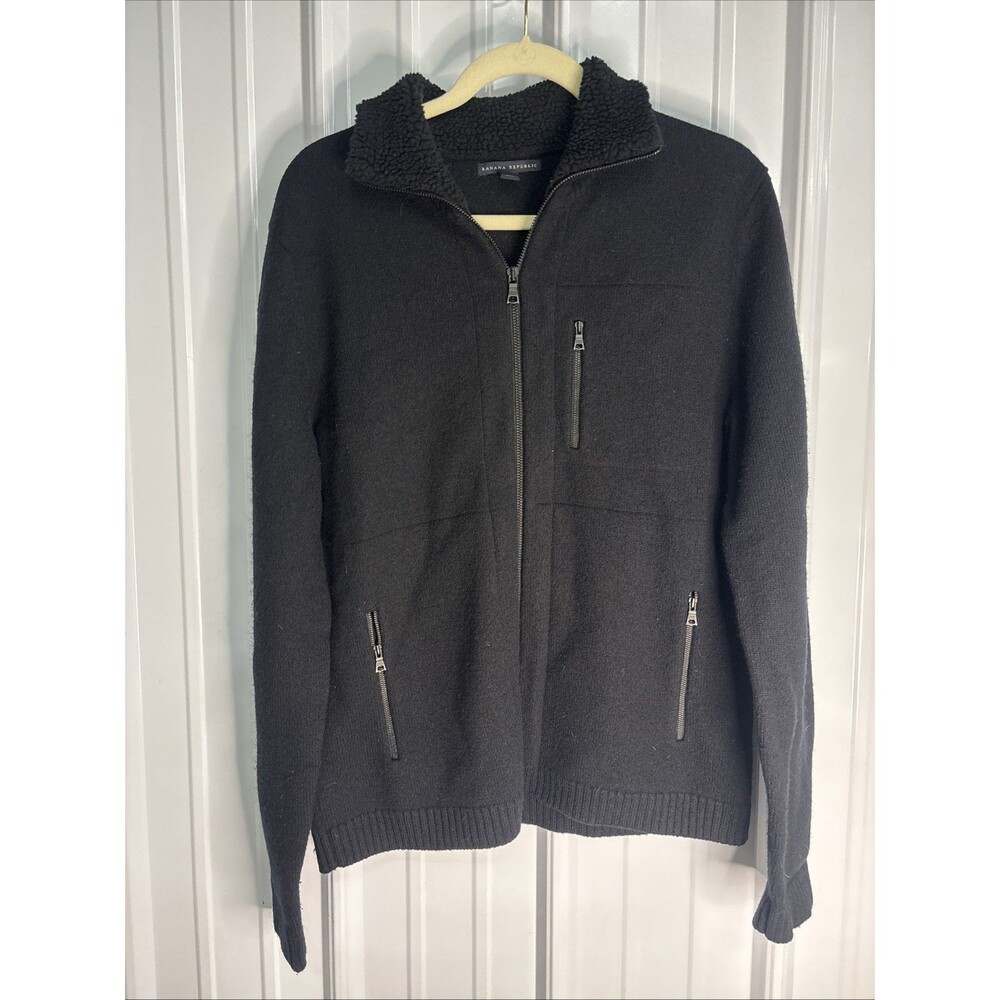 Banana Republic Mens 100% Wool Laine Zip Up Jacket Black Medium EUC